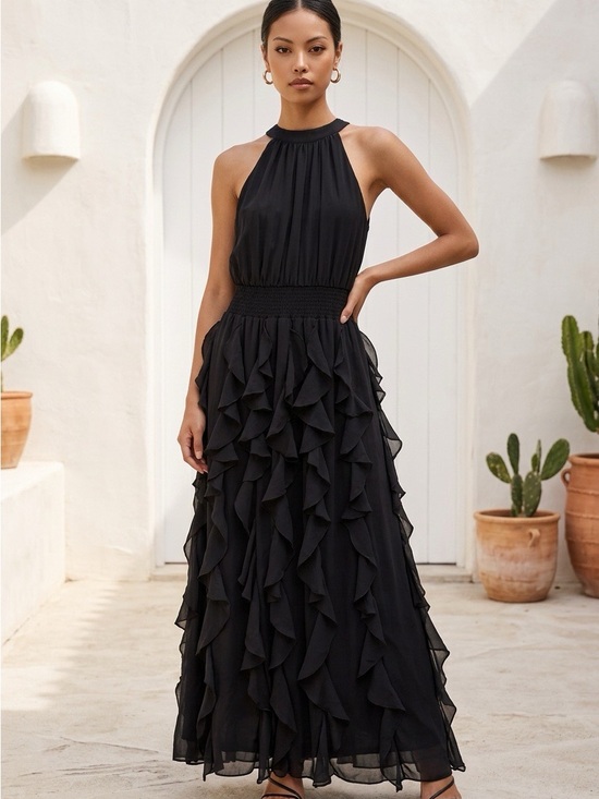1. State Dresses & Skirts - 1. State Black Halter Ruffle Maxi Dress